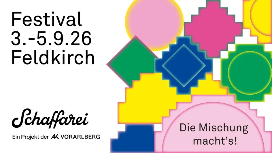 Festival Teaserbild mit bunten Symbolen 3.-5.9.26 Feldkirch "Die Mischung macht's!"