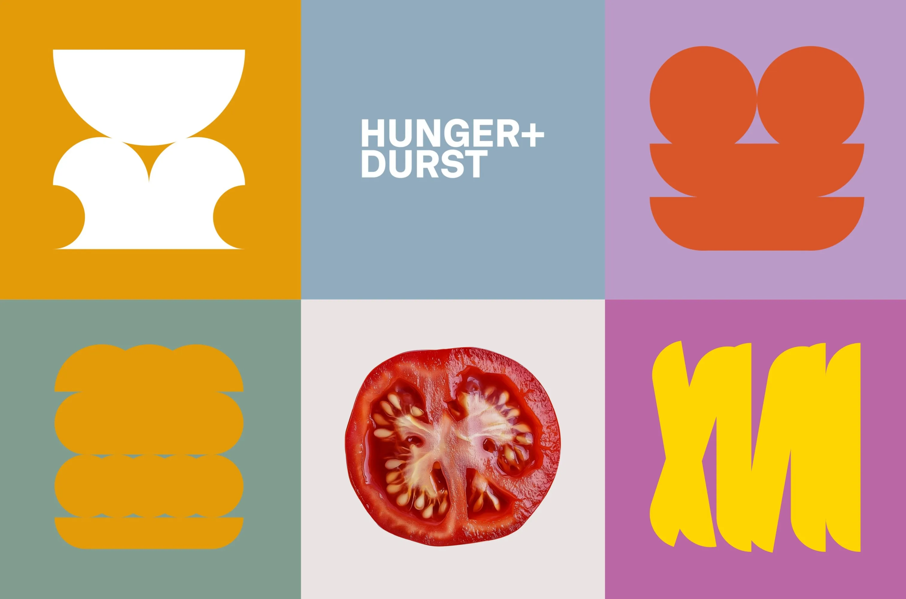 Illustrationen für Lokal Hunger und Durst Burger, Pommes, Teller und Schüsseln, Eisbecher