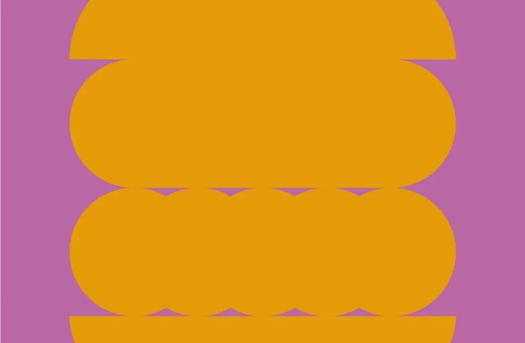 Illustration Burger-Grafik in orange auf violettem Hintergrund für Lokal Hunger und Durst