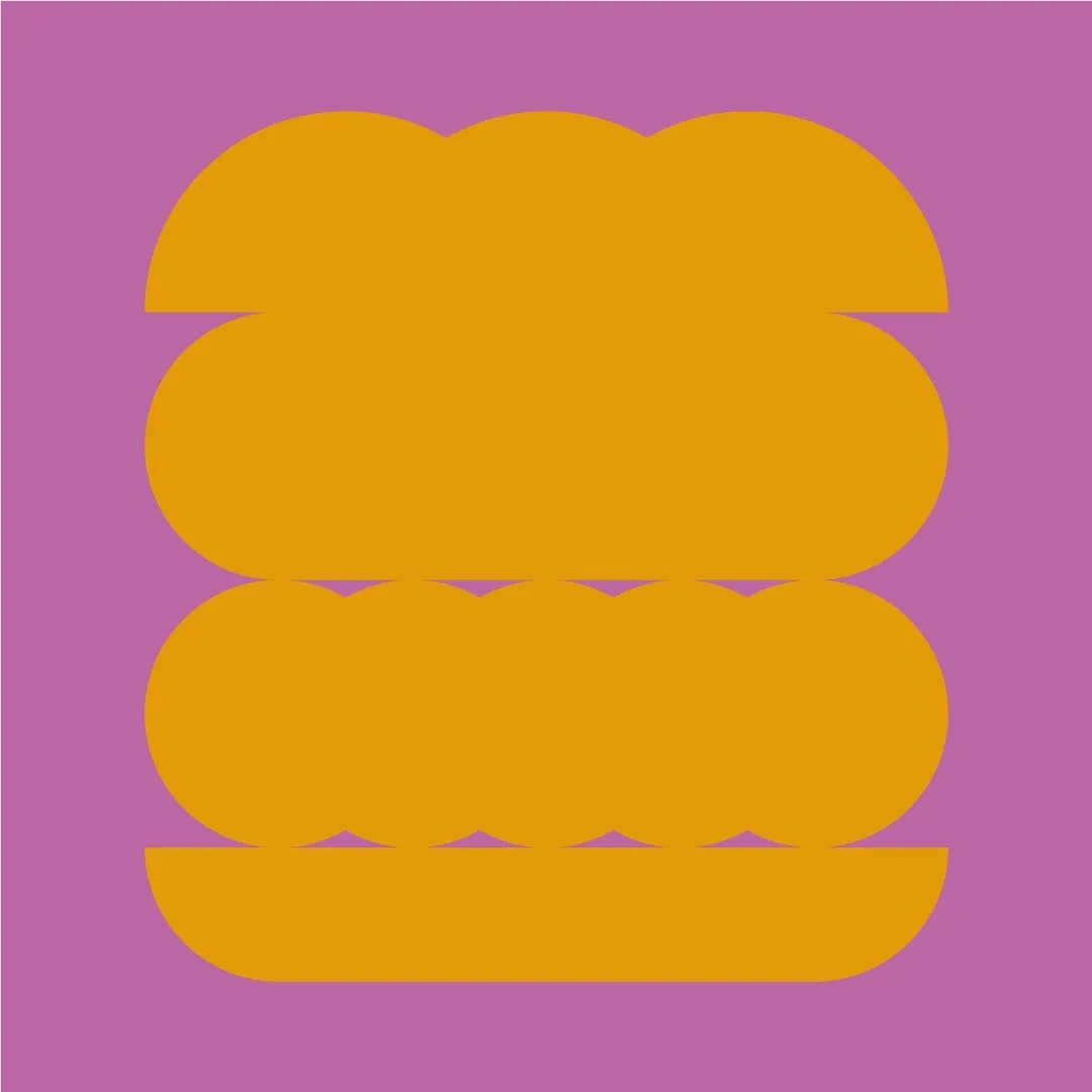 Illustration Burger-Grafik in orange auf violettem Hintergrund für Lokal Hunger und Durst