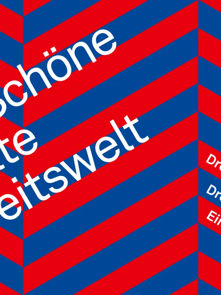 blau-rotes Fischgrätenmuster mit Text: Schöne alte Arbeitswelt - Drei Frauen, Drei Generationen, Eine Arbeitswelt